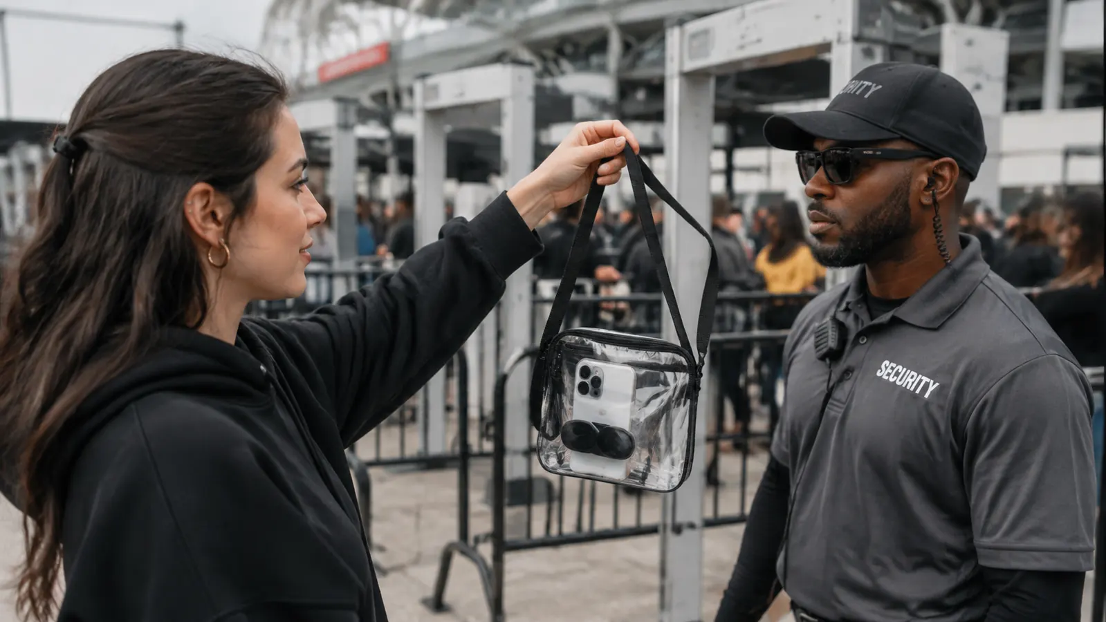 A woman in a light coat holding a clear crossbody bag up so a security guard can see inside it at a venue gate