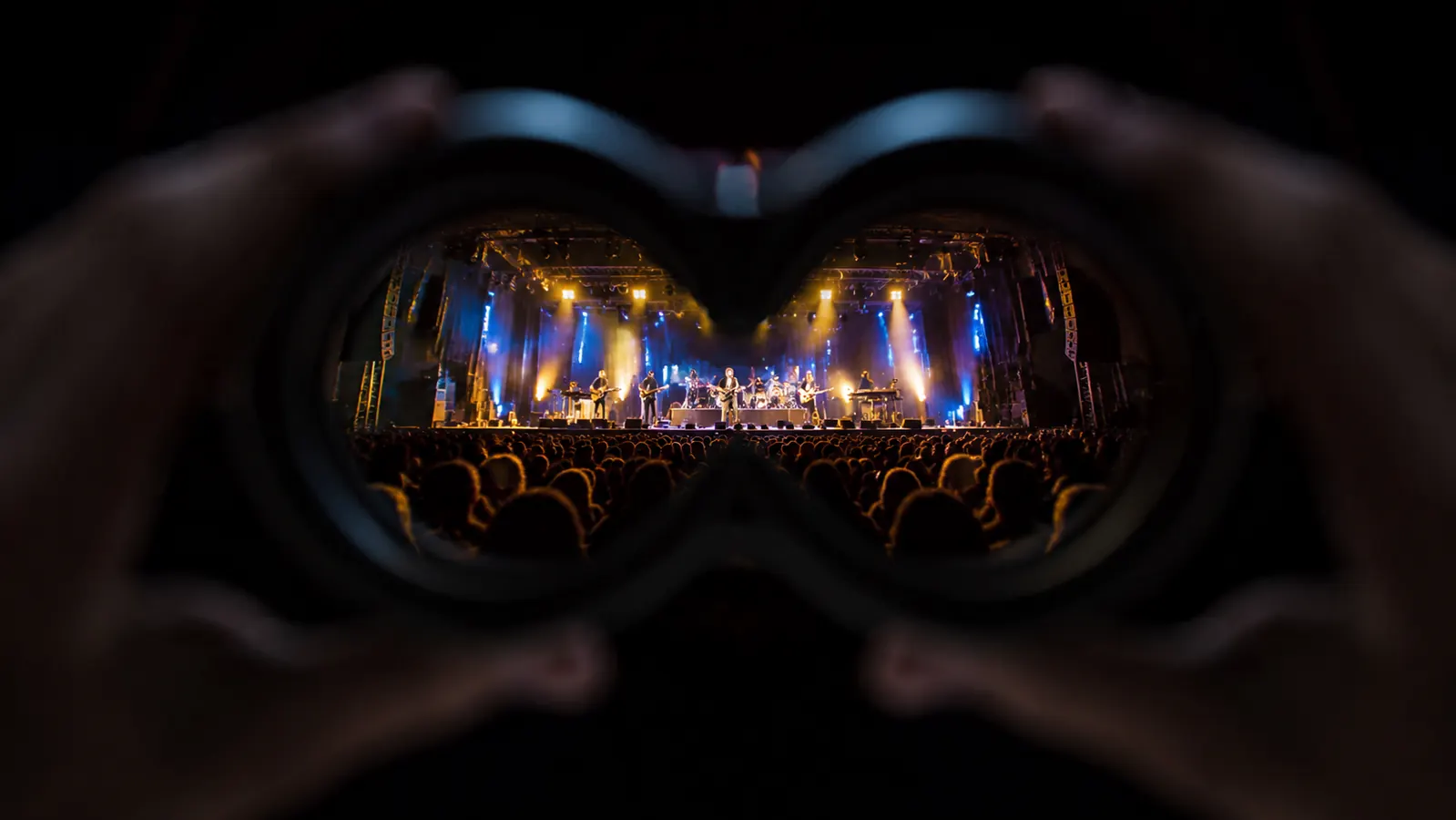 A bright distant stage with small figures, audience heads blurred in the foreground, seen at a live show