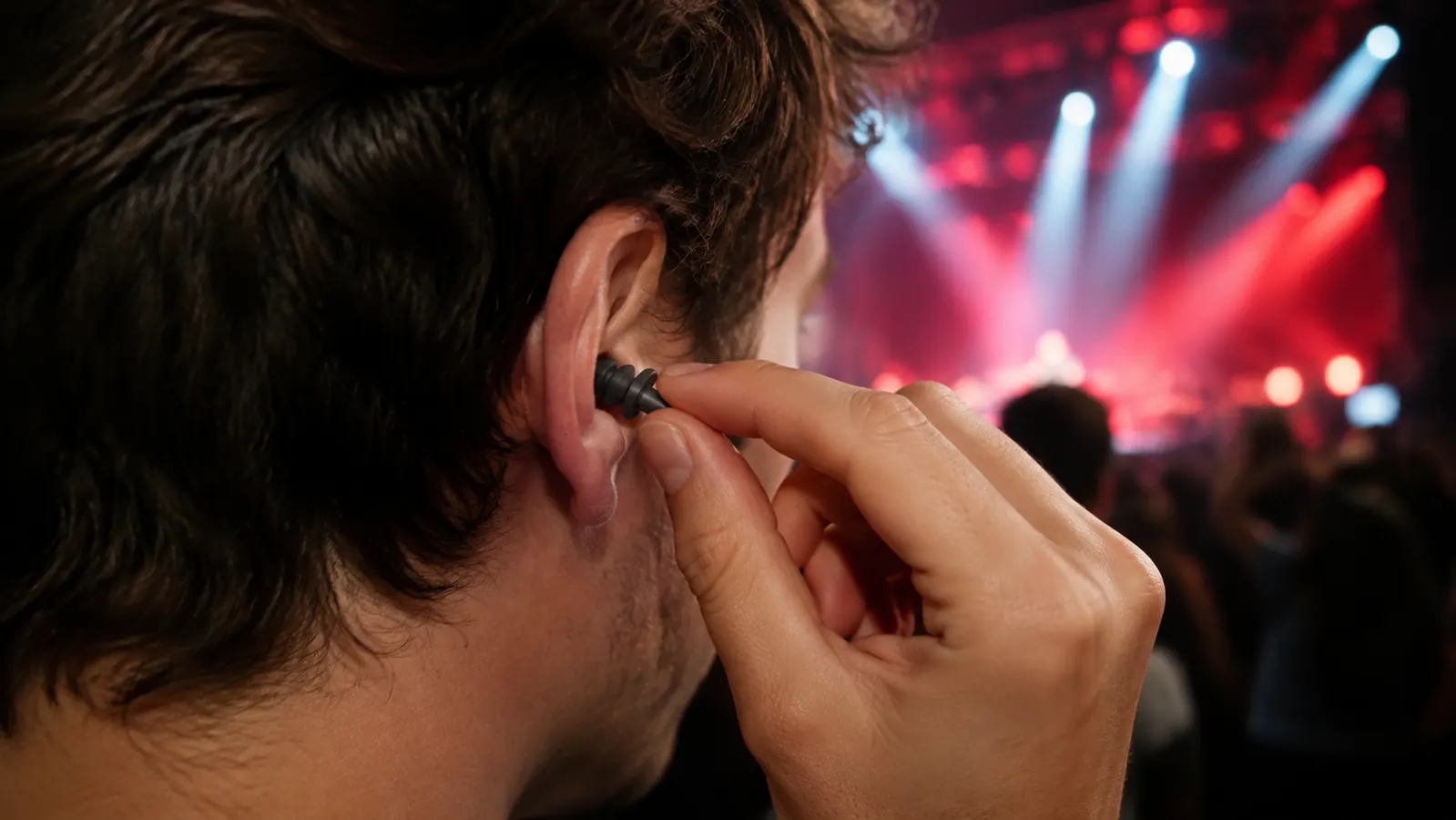 A woman easing a high fidelity earplug into one ear before a concert