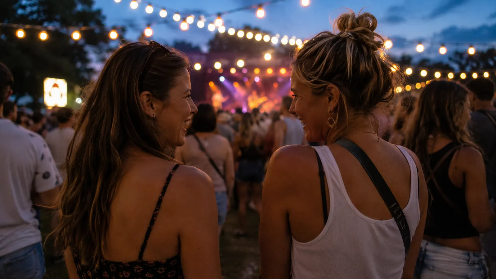 Two friends at a festival talking near each other as the sun goes down