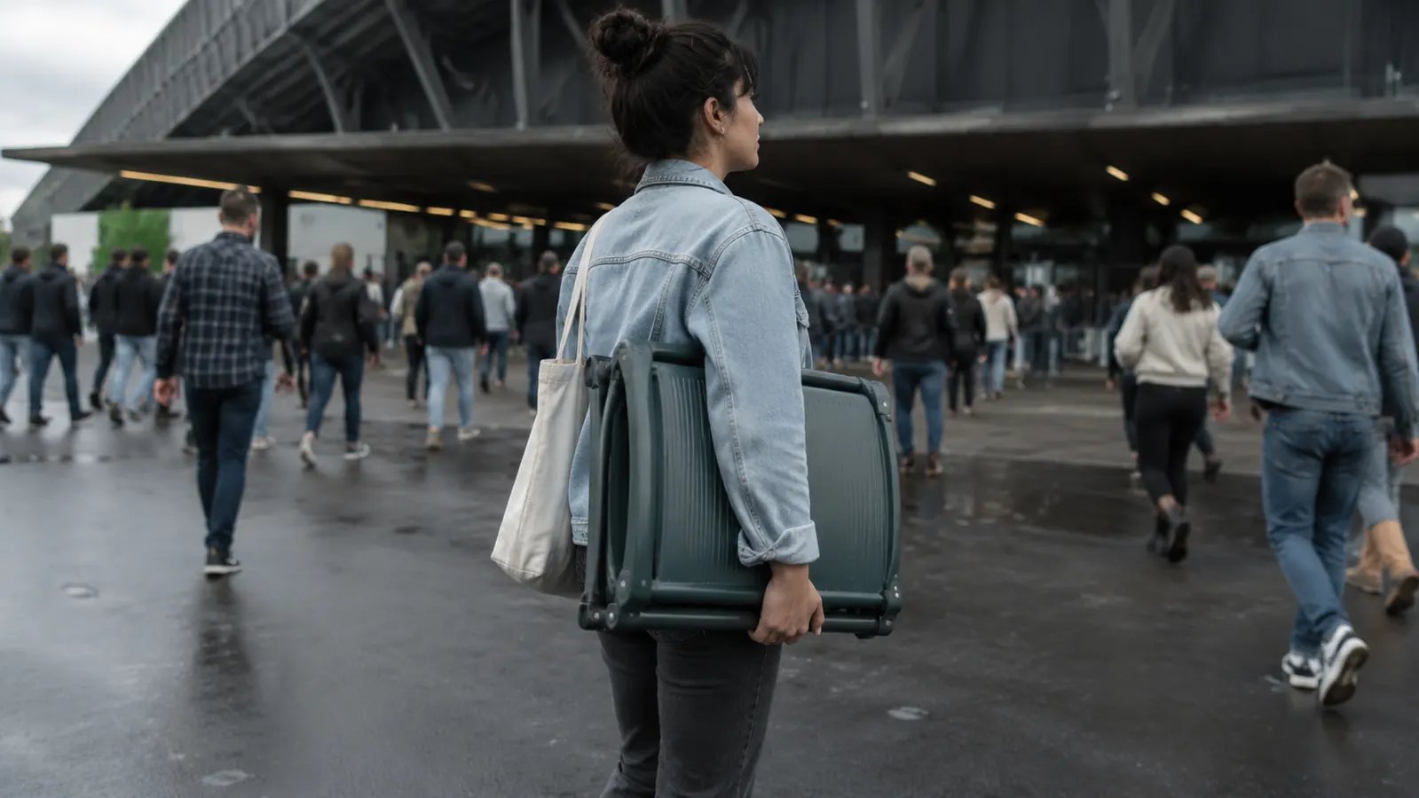 A person outside an amphitheatre entrance carrying a compact folded stadium seat under one arm with a small tote on the shoulder