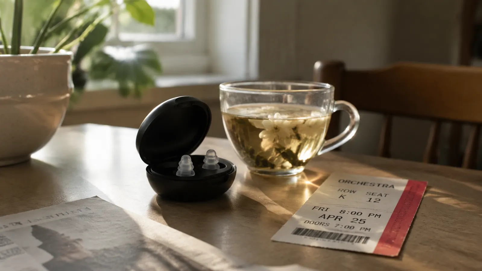 An open fabric case holding two tiny earplugs resting on a kitchen table beside a cup of tea in the morning