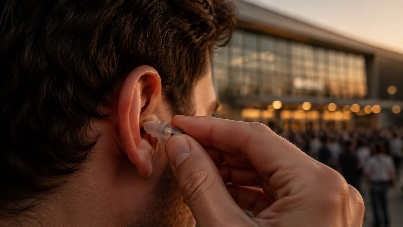 A close view of a hand fitting a small high-fidelity earplug into an ear just before a show