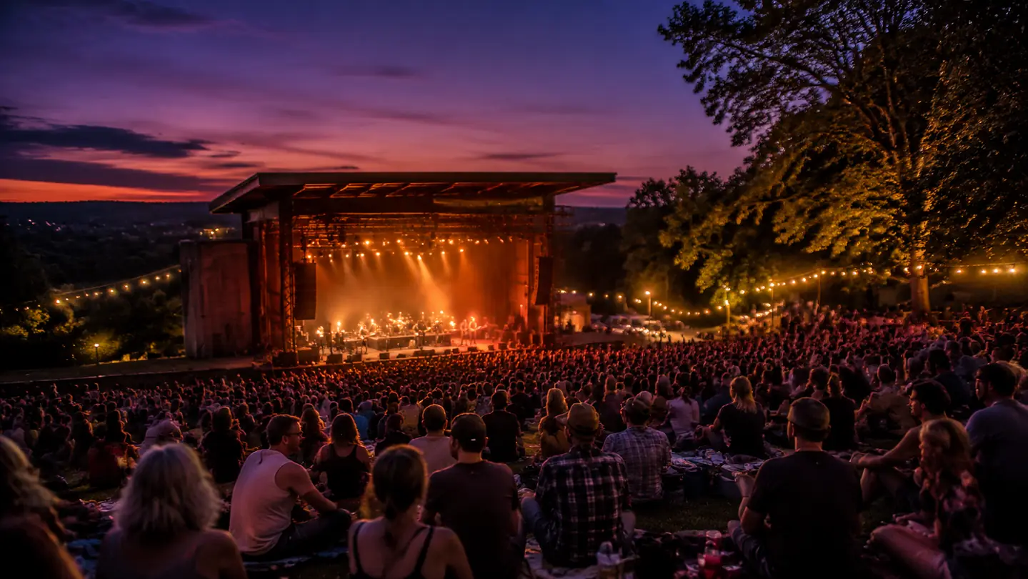 A packed outdoor festival amphitheatre at dusk, amber stage lights glowing against a deep purple twilight sky