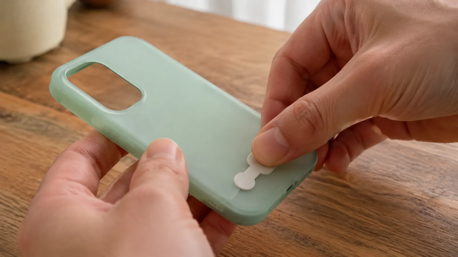 A hand pressing a small flat connector tab onto the back of a phone case on a kitchen table in morning light