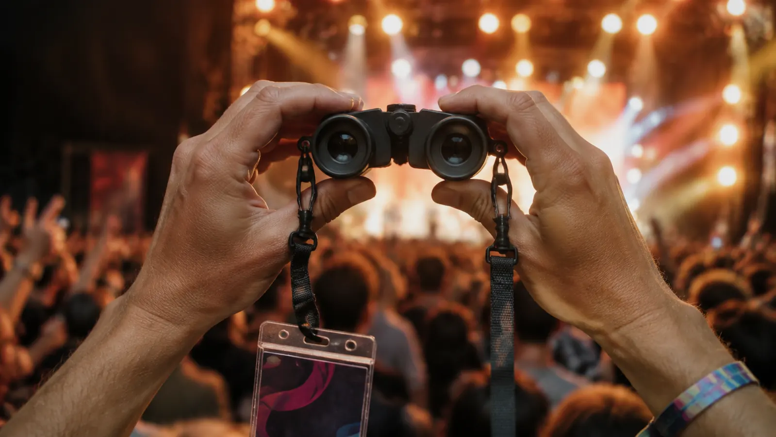 Close view of hands holding compact binoculars up to the eyes, printed concert pass visible below