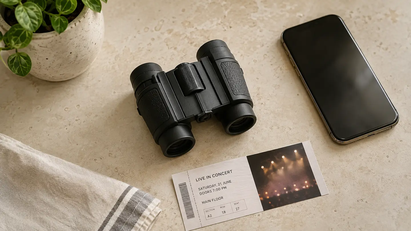 Two small compact binoculars and a concert ticket laid out on a kitchen counter in soft morning light