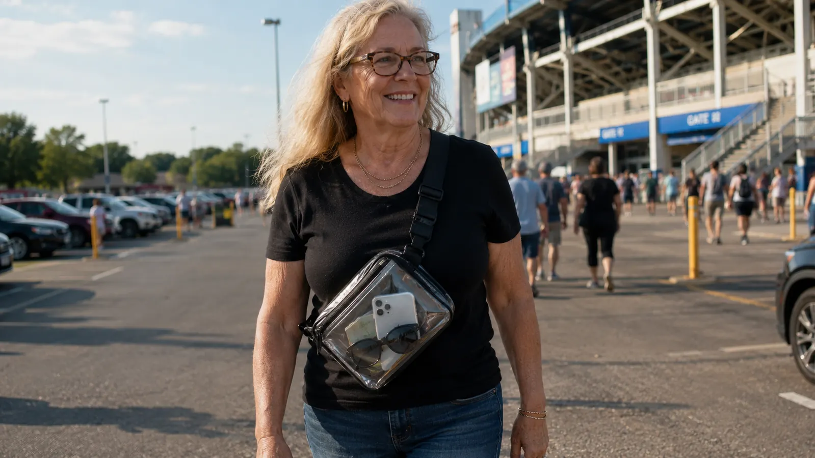 A woman in a linen jacket wearing a clear stadium bag crossbody as she walks toward an arena gate