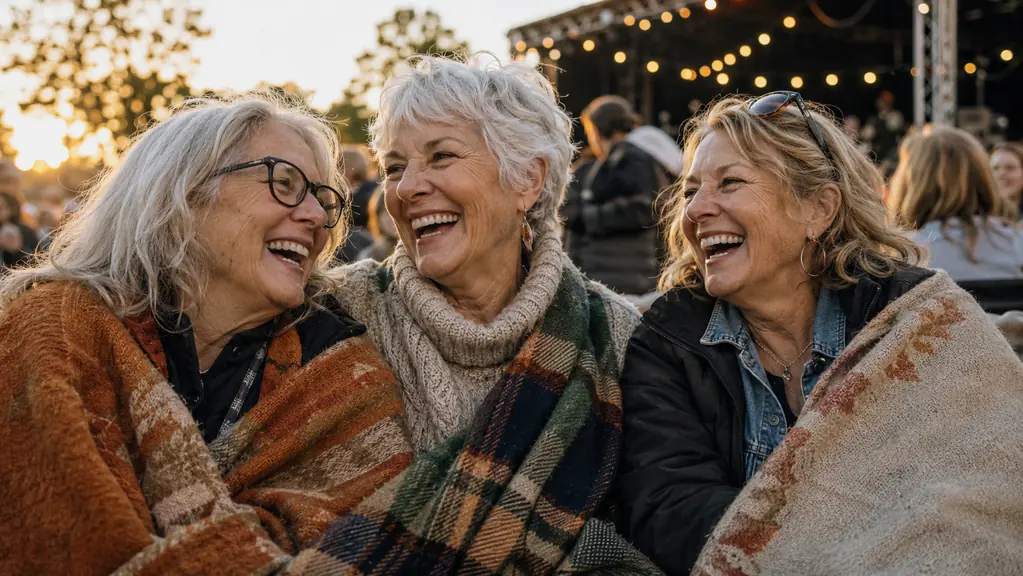 A woman laughing with friends at a small outdoor show in golden afternoon light, one hand near her ear