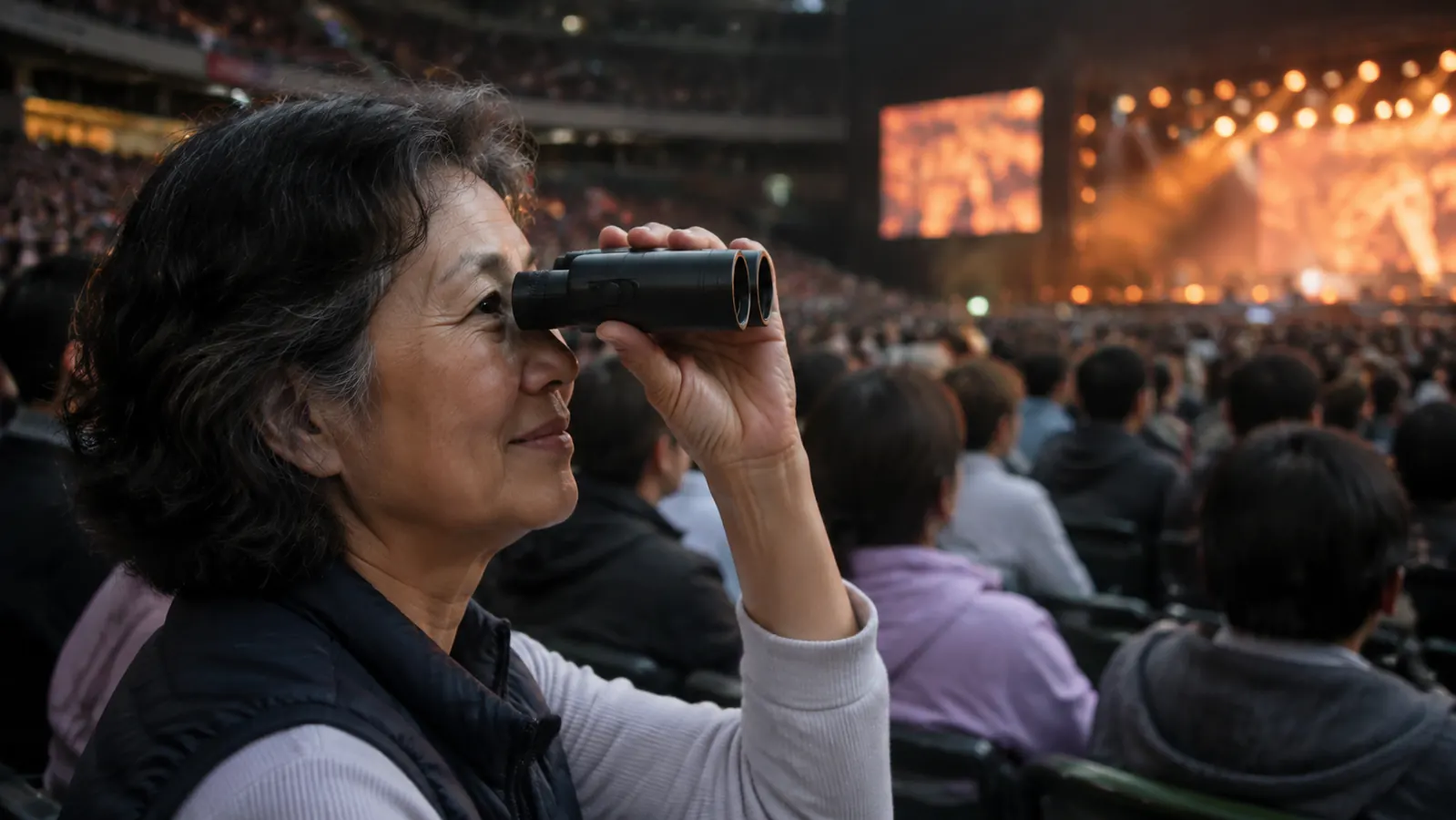A retired woman in her sixties in a crowded amphitheater row holding a small pair of binoculars up to her eyes, aimed toward the far stage