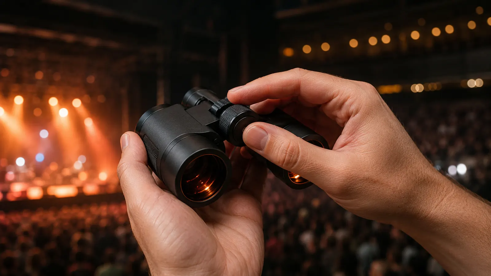 A pair of hands adjusting the focus ring of a compact pair of binoculars while warm stage lights glow softly against the lenses