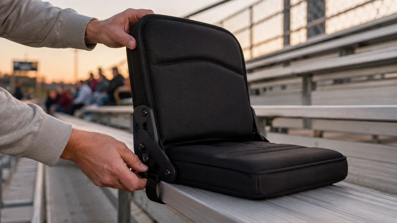 Hands setting up a folding stadium seat with a back onto a bleacher bench and hooking it over the front edge, warm evening light
