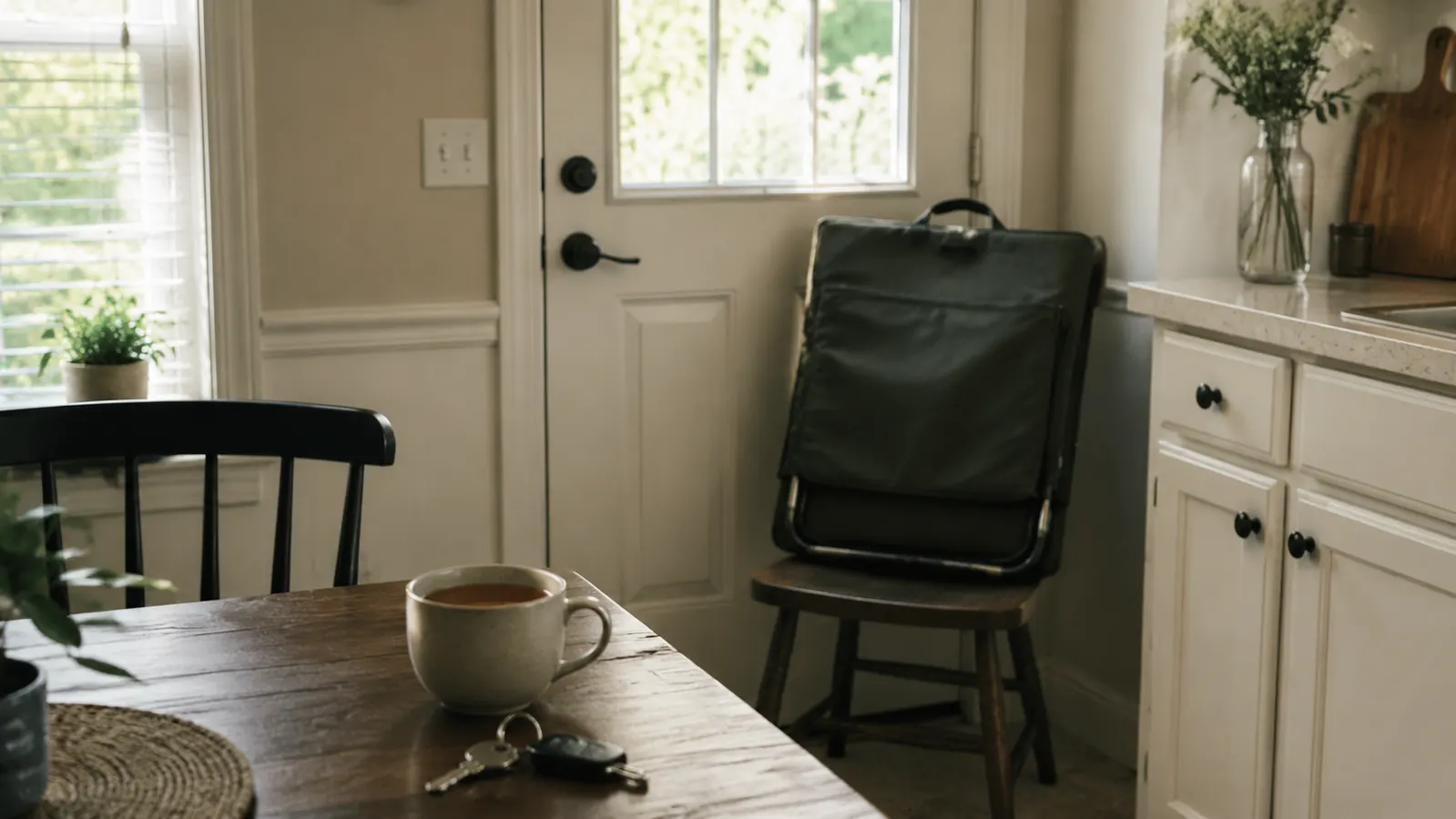 A folded stadium seat in a carry strap resting on an entryway chair with a cup of tea and keys on the table beside it