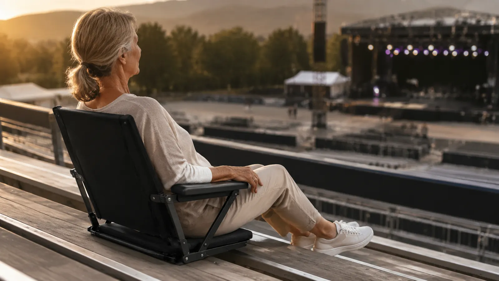 A woman seated on a stadium bench in a padded folding chair with a backrest, feet up on the bench edge, hands loose in her lap, watching a stage