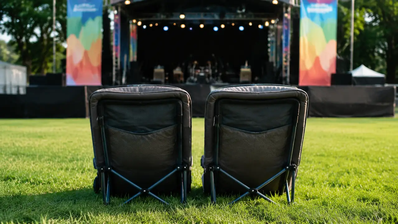 Two folded padded stadium seats sitting side by side on a grassy lawn in front of a low festival stage in warm daylight
