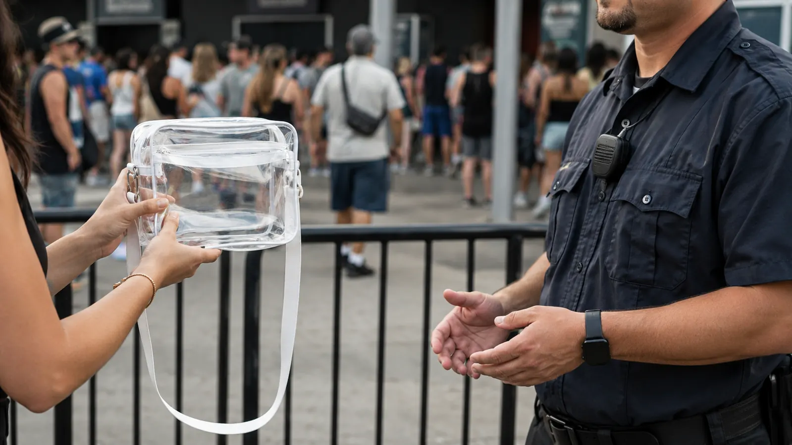A hand holding the transparent bag open for a security guard at a concert gate