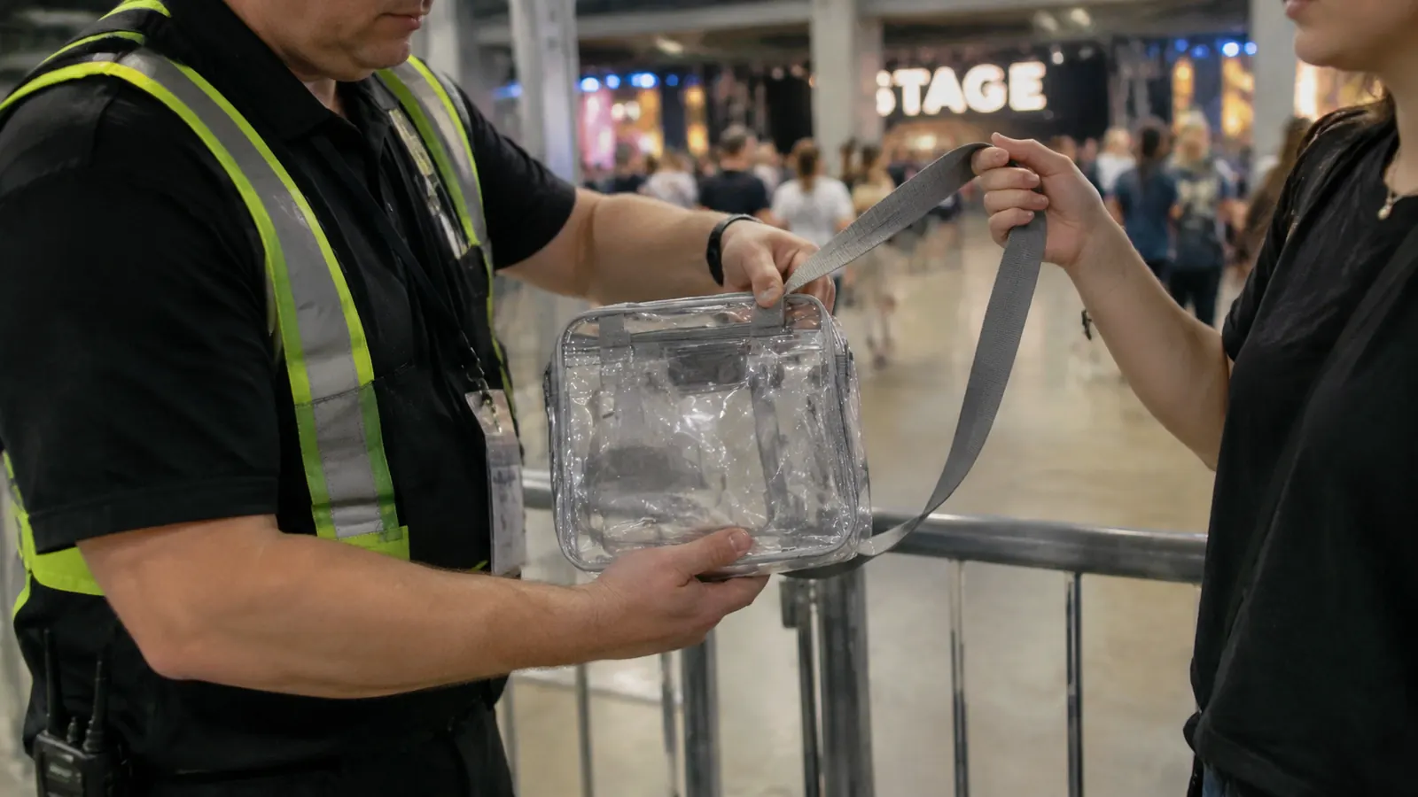 A security guard's hand turning over a clear transparent bag at the entrance while the owner holds the flat crossbody strap
