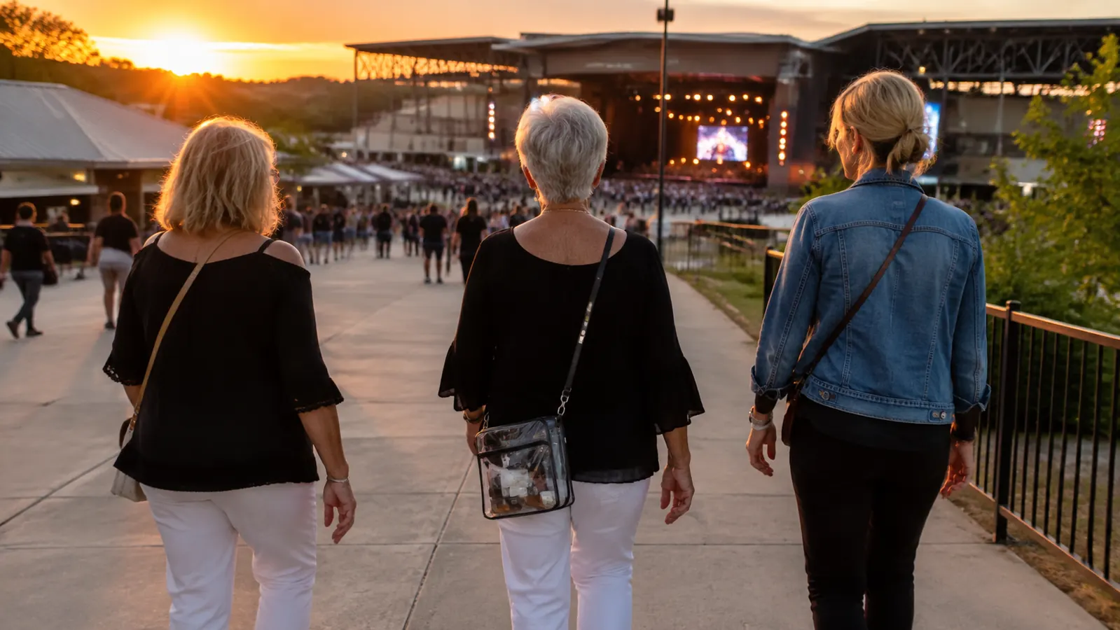 A relaxed woman in her sixties carrying a clear crossbody messenger bag walking with friends toward the bright entrance of an outdoor venue at sunset